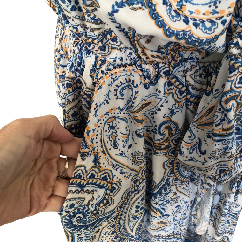 Women's Beyond The Radar Blue Paisley Cap Sleeve Hi-Low Ruffle Boho Maxi Dress L - Picture 9 of 16